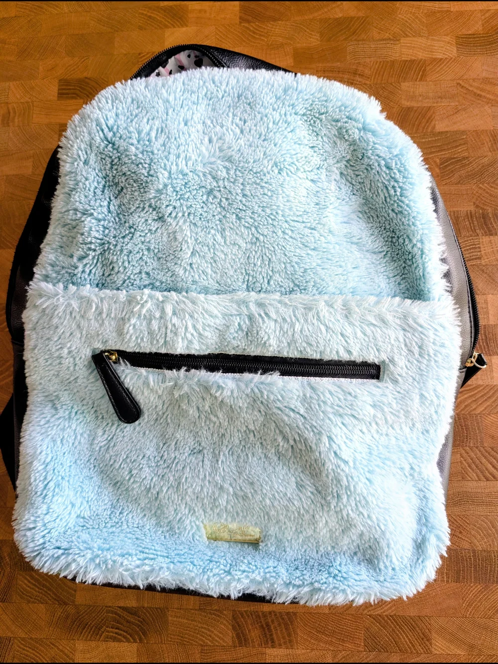 Betsey Johnson Fuzzy Furry Hoodie Backpack Plush Sky Blue